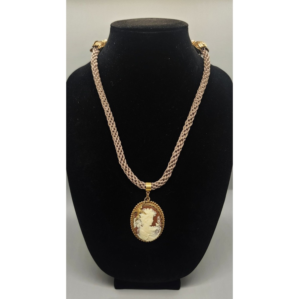 Vintage Style Cameo Pendant Necklace Woven Cord Bird Charm Gold Tone